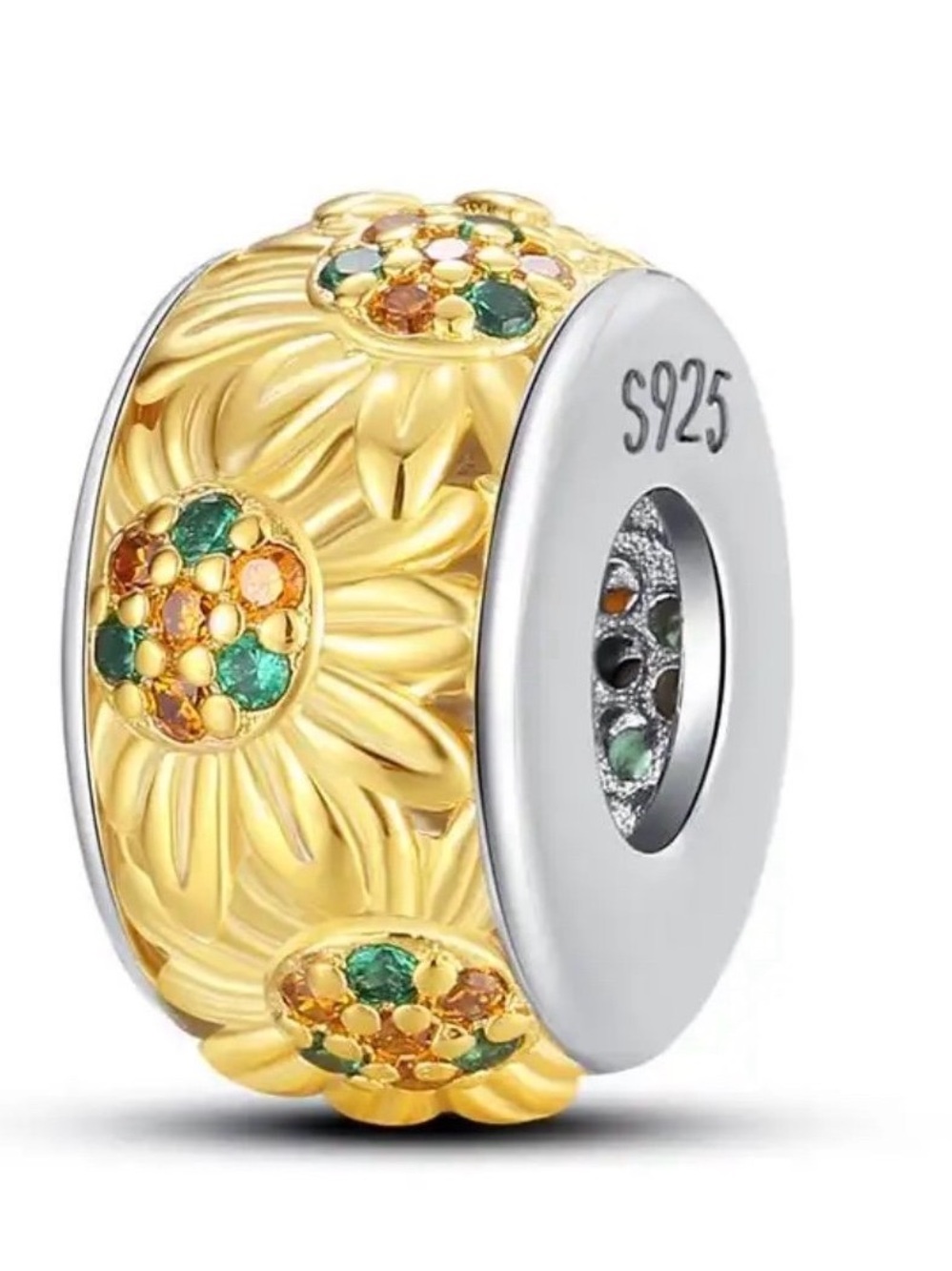 Sterling S925 Gold Sunflower Charm Bead with Green & Orange Accents
